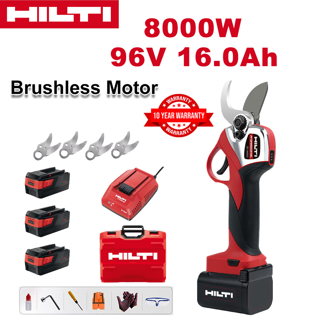 8000W kefe nélküli lítium akkumulátoros metszőolló + 96V16Ah akkumulátor * 3 + sk9 ötvözet penge * 4 + töltő + LED kijelző + szerszámos doboz + kenőolaj + védőszemüveg + 10 év garancia