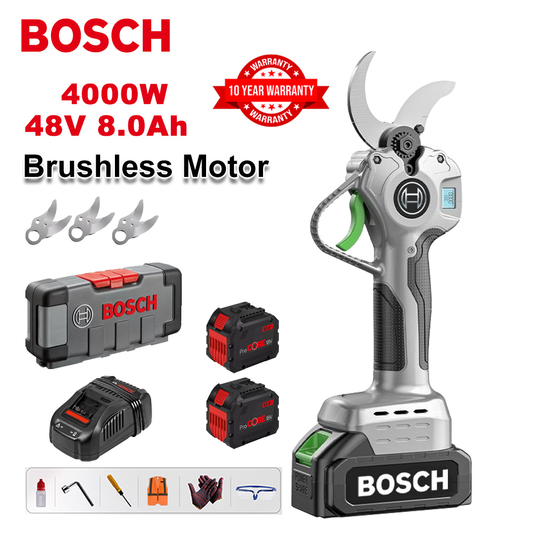 4000 W-os kefe nélküli lítium akkumulátoros metszőolló + 48V8Ah akkumulátor * 2 + sk9 ötvözet penge * 3 + töltő + LED kijelző + szerszámos doboz + kenőolaj + szemüveg + 10 év garancia