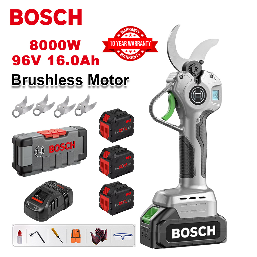 8000 W-os kefe nélküli lítium akkumulátoros metszőolló + 96V16Ah akkumulátor * 3 + sk9 ötvözet penge * 4 + töltő + LED kijelző + szerszámos doboz + kenőolaj + szemüveg + 10 év garancia