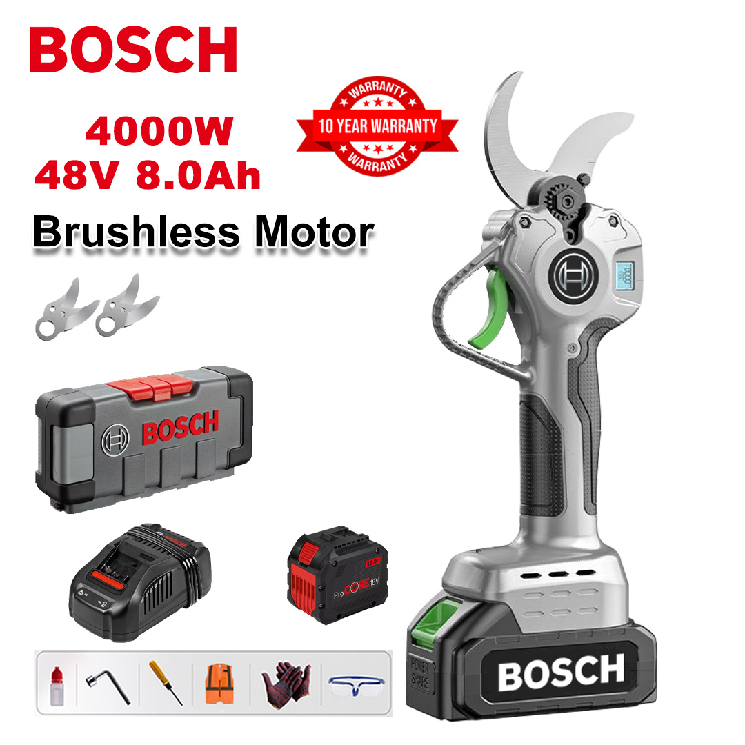 4000 W-os kefe nélküli lítium akkumulátoros metszőolló + 48V8Ah akkumulátor * 1 + sk9 ötvözet penge * 2 + töltő + LED kijelző + szerszámos doboz + kenőolaj + szemüveg + 10 év garancia