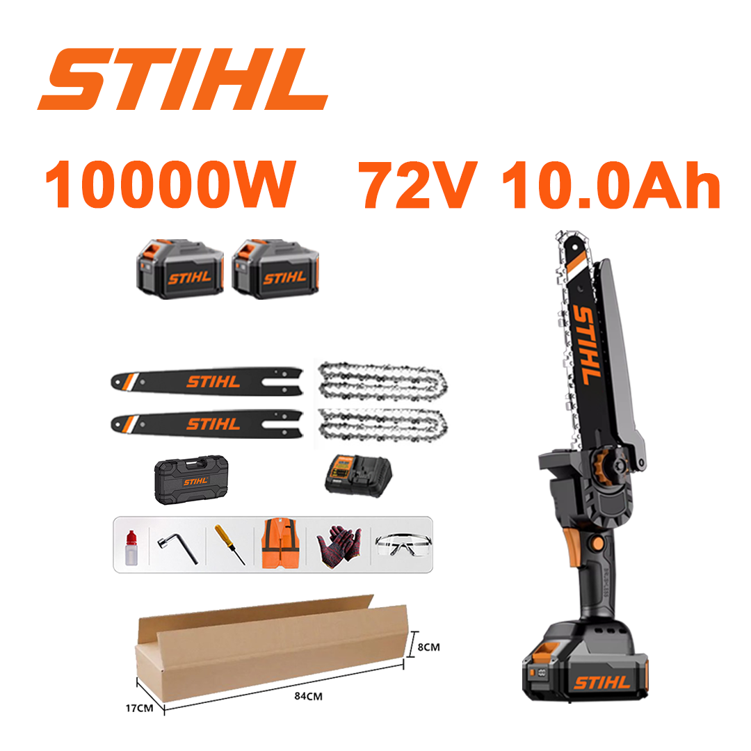 10 hüvelykes kefe nélküli lítium-ion láncfűrész, 10 000 W teljesítmény, 72 V 10,0 Ah akkumulátor*2, töltő, vezetőrúd*2, lánc*2, ​​szerszámos doboz, kenőolaj és biztonsági szemüveg, öt év garancia