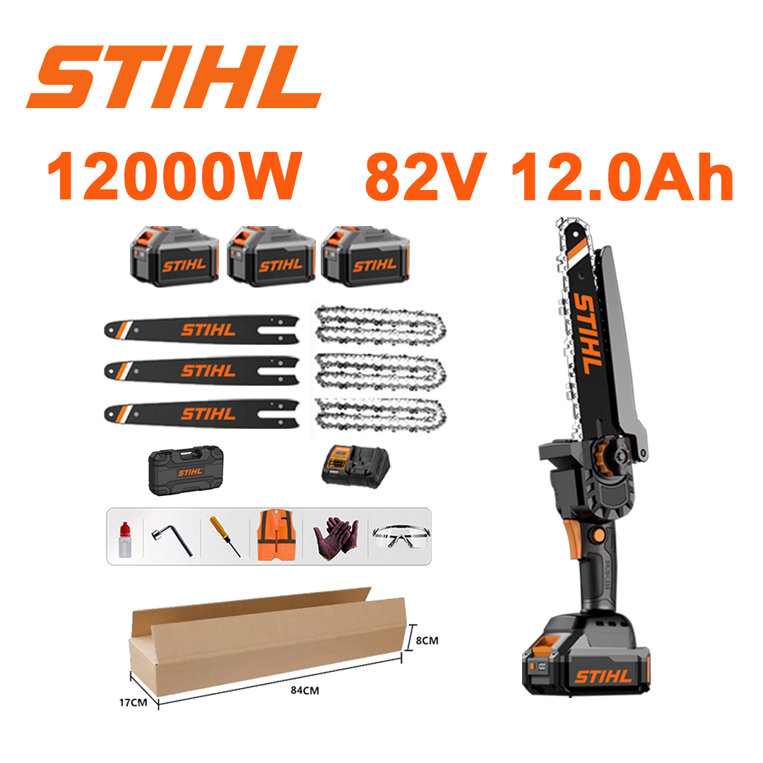 10 hüvelykes kefe nélküli lítium-ion láncfűrész, 12 000 W teljesítmény, 82 V 12,0 Ah akkumulátor*3, töltő, vezetőrúd*3, lánc*3, szerszámos doboz, kenőolaj és biztonsági szemüveg, öt év garancia