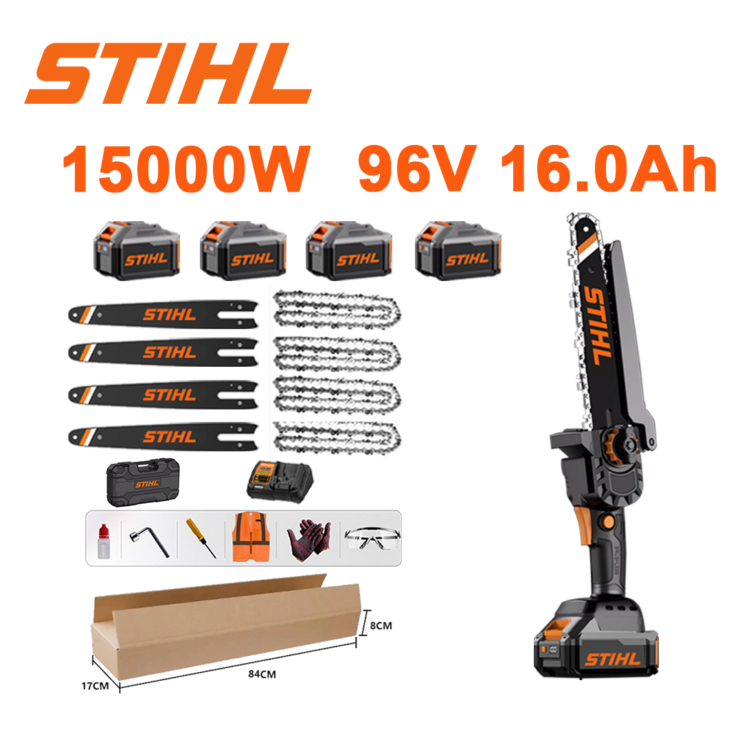 10 hüvelykes kefe nélküli lítium-ion láncfűrész, 15 000 W teljesítmény, 96 V 16,0 Ah akkumulátor*4, töltő, vezetőrúd*4, lánc*4, szerszámos doboz, kenőolaj és védőszemüvegek, öt év garancia