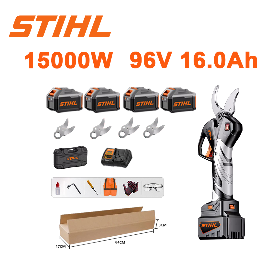 10 hüvelykes kefe nélküli lítium akkumulátoros metszőolló, 15 000 W teljesítmény, 96 V 16,0 Ah akkumulátor*4, töltő, SK9 penge*4, szerszámos doboz, kenőolaj és védőszemüveg, öt év garancia